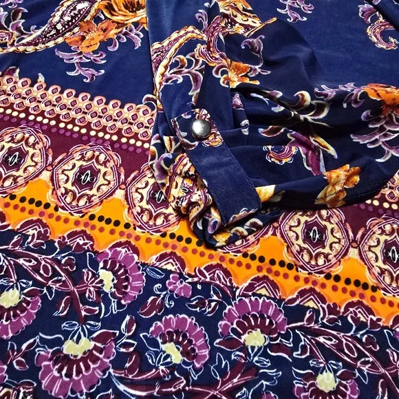 Mlle Gabrielle Maxi Dress Womens 2X Paisley Floral Roll Tab Sleeve Navy Blue - Picture 4 of 8